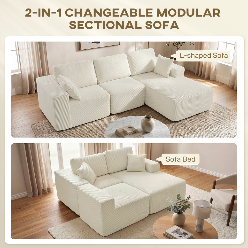 Cream White Modular Sofa, 2-in-1 L Shaped Couch Sofa Bed