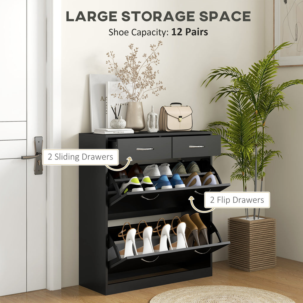 Narrow Shoe Storage with 2 Flip Drawers and Adjustable Shelves Shoe Cabinet Organizer for 12 Pairs of Shoes, White