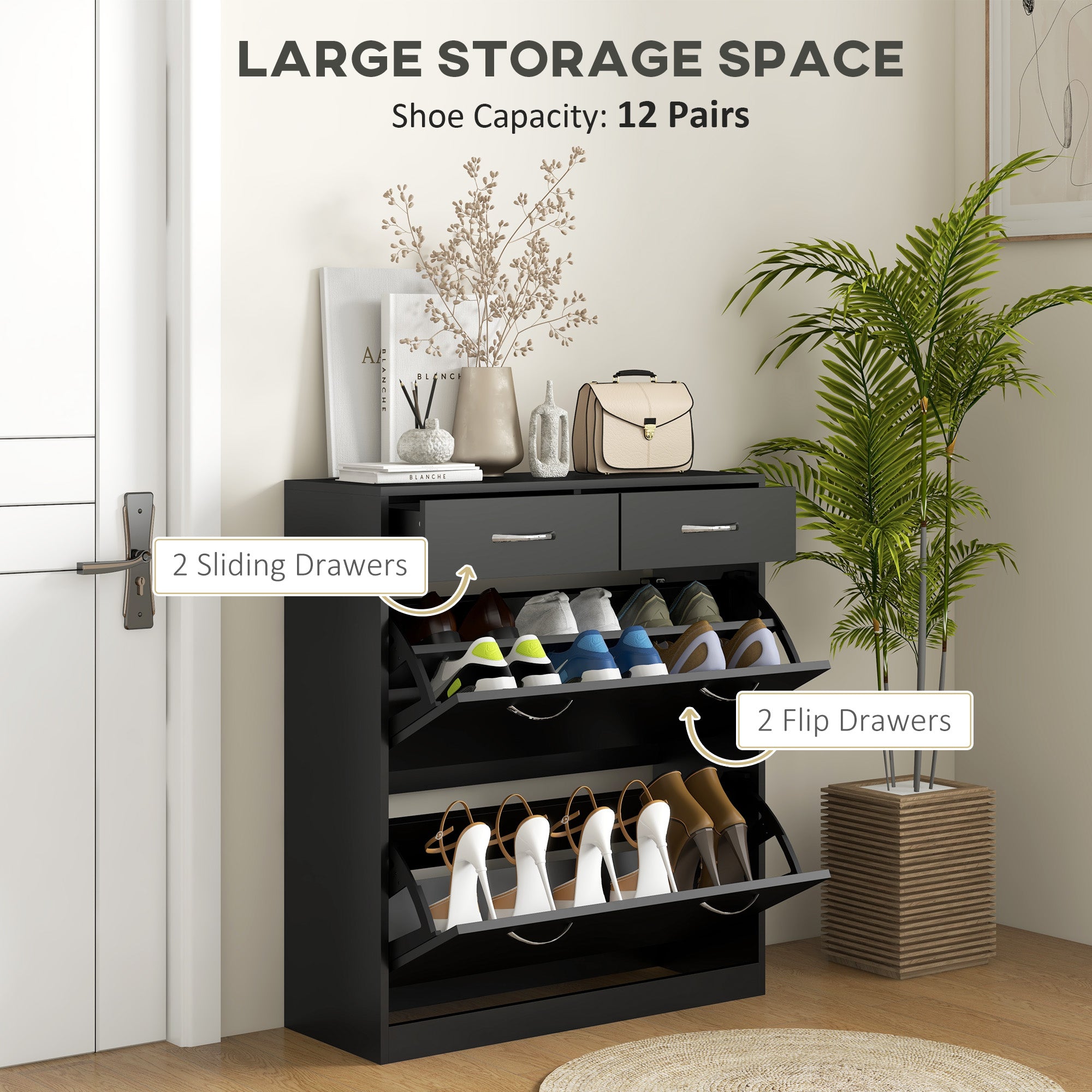 Narrow Shoe Storage with 2 Flip Drawers and Adjustable Shelves Shoe Cabinet Organizer for 12 Pairs of Shoes, White