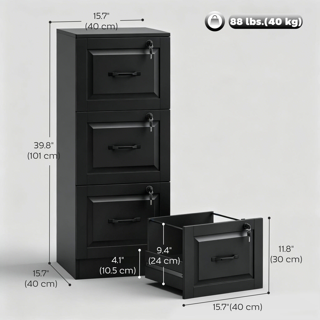 3 Drawer File Cabinet with Lock, Vertical Filing Cabinet with Adjustable Hanging Bars for A4 and Letter Size, Black
