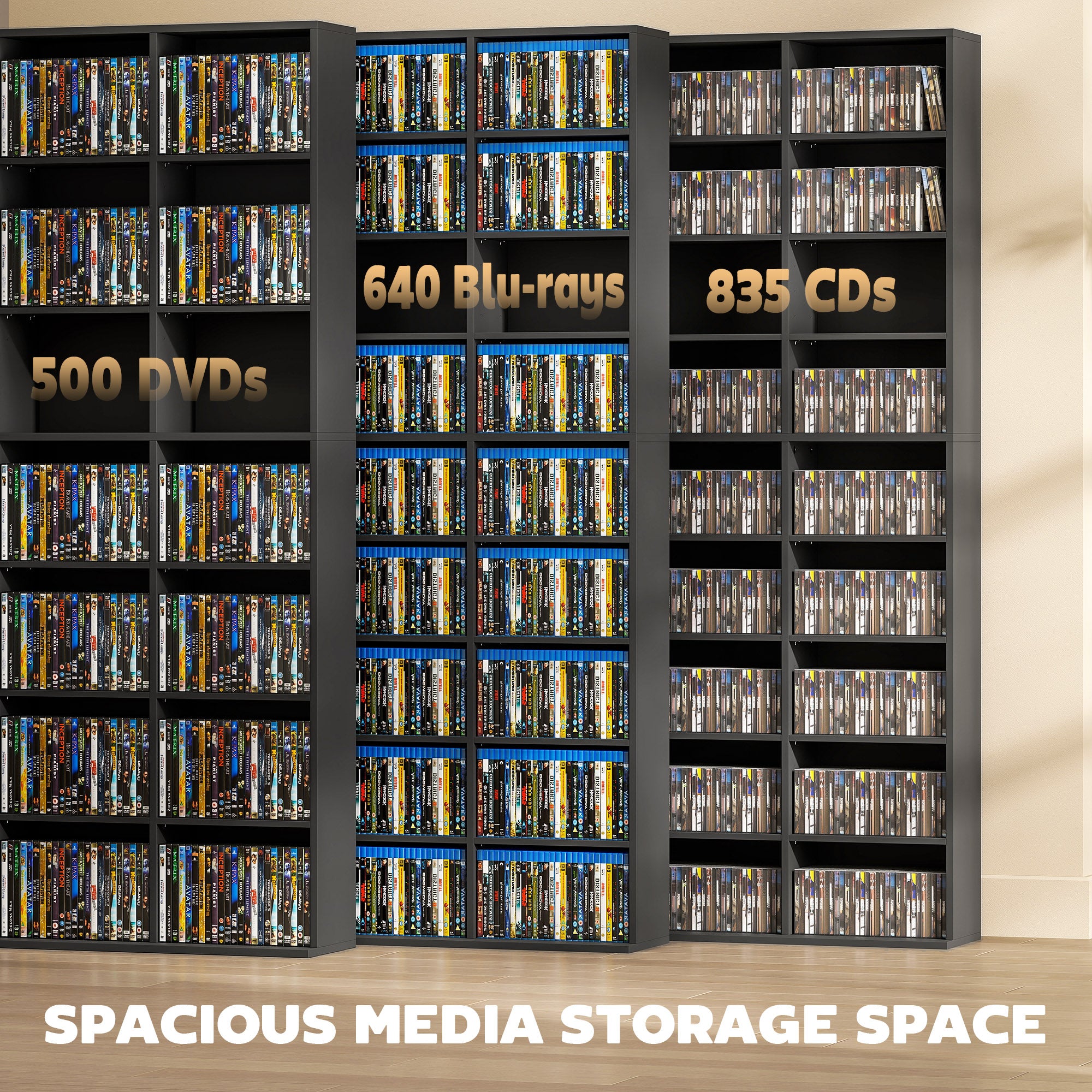 Media Storage Cabinet, 8-Tier DVD Shelf with 18 Adjustable Shelves, Holds 1032 CDs, 594 DVDs or Blu-rays, Black