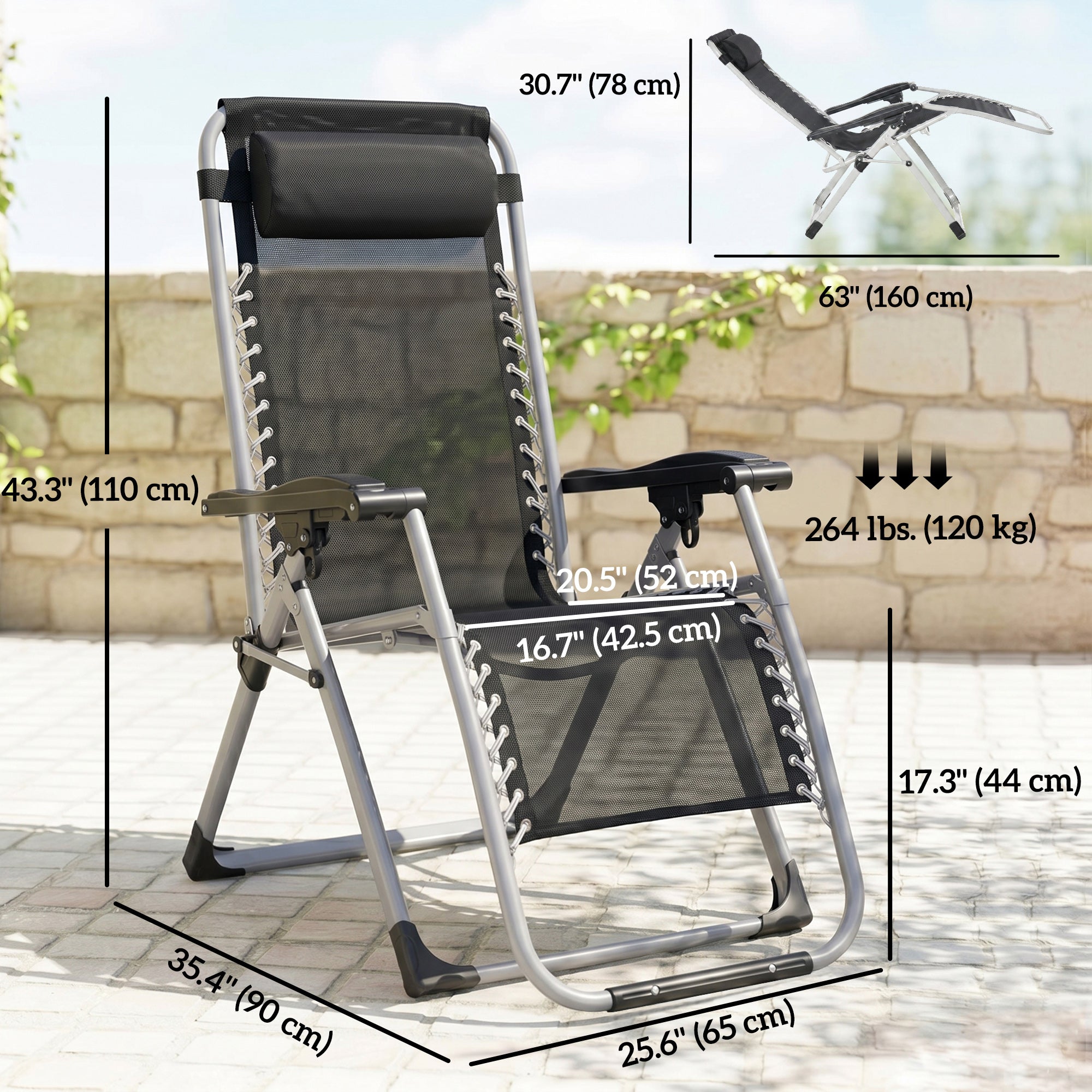 Reclining Zero Gravity Chair with Adjustable Backrest, Folding Garden Sun Lounger, Outdoor Recliner with Removable Cushion and Headrest, Dark Grey