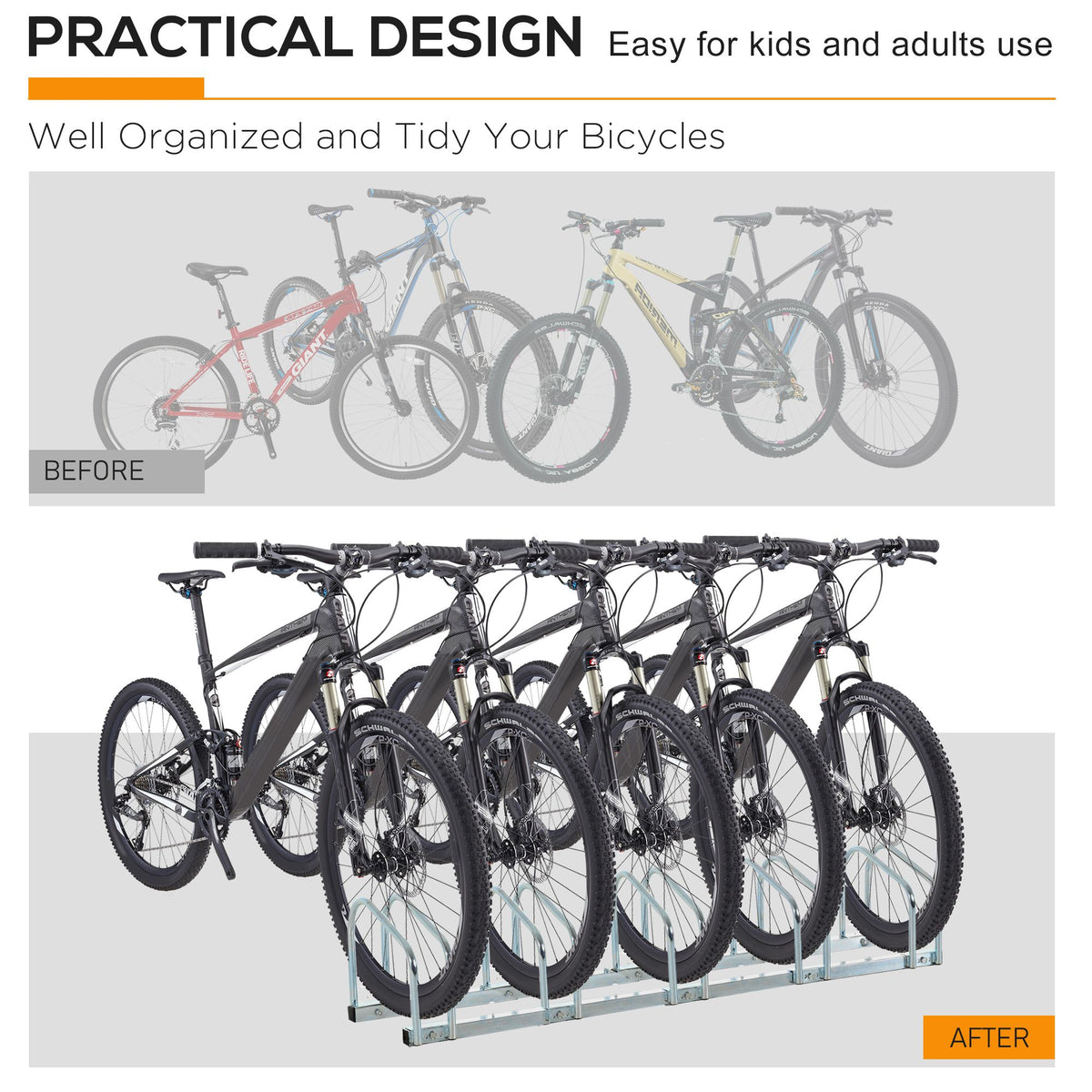5-Bike Bicycle Floor Parking Rack Cycling Storage Stand Ground Mount Garage Organizer for Indoor and Outdoor Use Silver