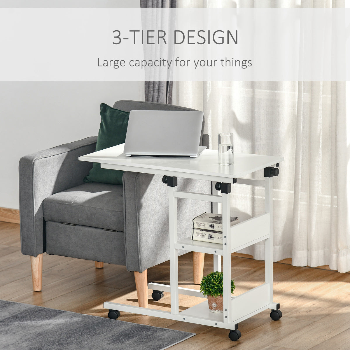 Mobile Standing Desk, Adjustable Height 31.5 inch Stand Up Desk with Wheels for Home Office, White