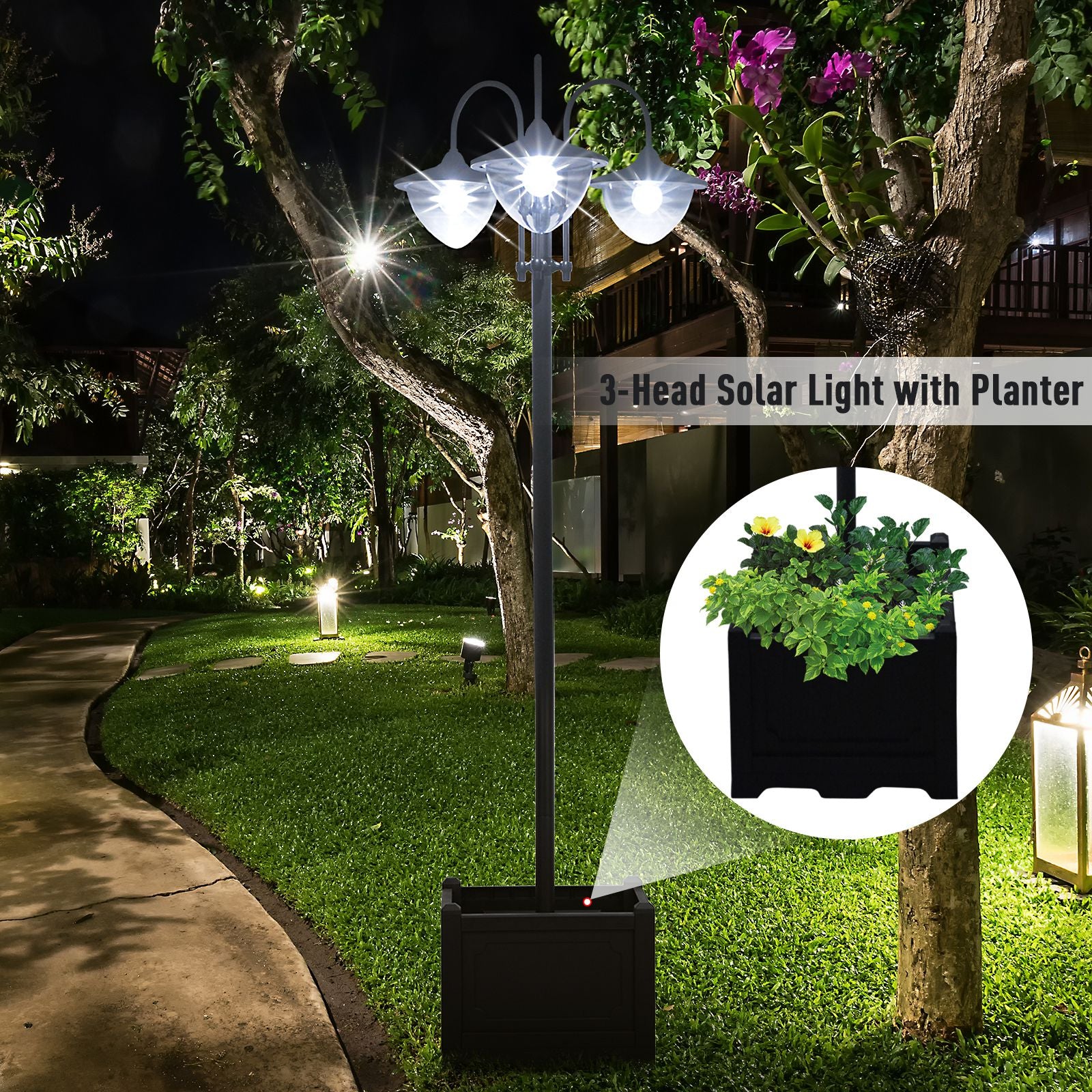 عمود إضاءة شارع شمسي LED ثلاثي الرؤوس مع حاوية زرع، عمود إضاءة يعمل بالطاقة الشمسية، لون أسود