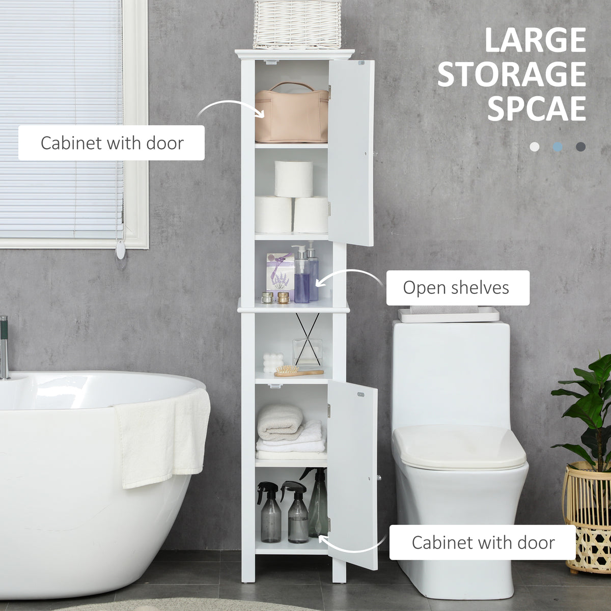 Bathroom Cabinet, Freestanding Linen Cabinet with Open Shelves, 13.8" x 11.8" x 62.4", White