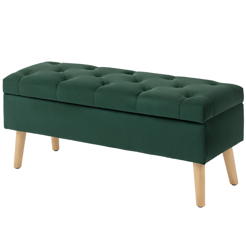 Storage Ottoman with Lid, Velvet Upholstered Storage Bench with Wood Legs for Living Room, Dark Green