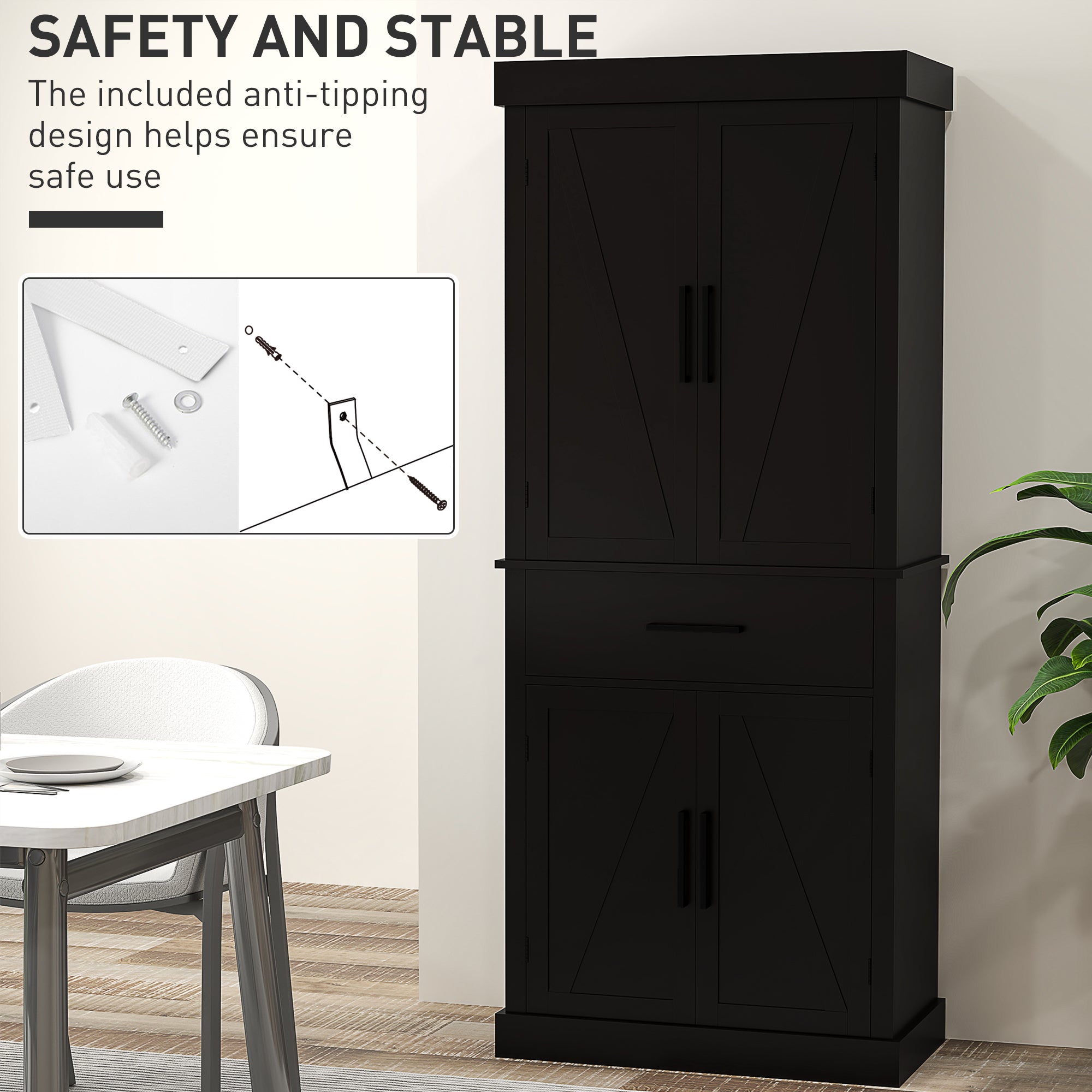 72" Kitchen Storage Cabinet, Farmhouse Kitchen Pantry Cabinet with 4 Barn Doors, Drawer, Adjustable Shelves, White