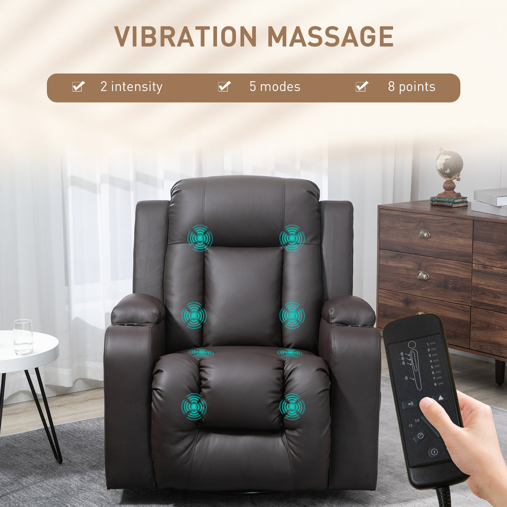 Swivel Massage Recliner Chair Rocker, Overstuffed Manual Reclining Sofa, PU Leather Rocking Chair with Side Pockets, Cup Holders, for Living Room, Nursery, Brown
