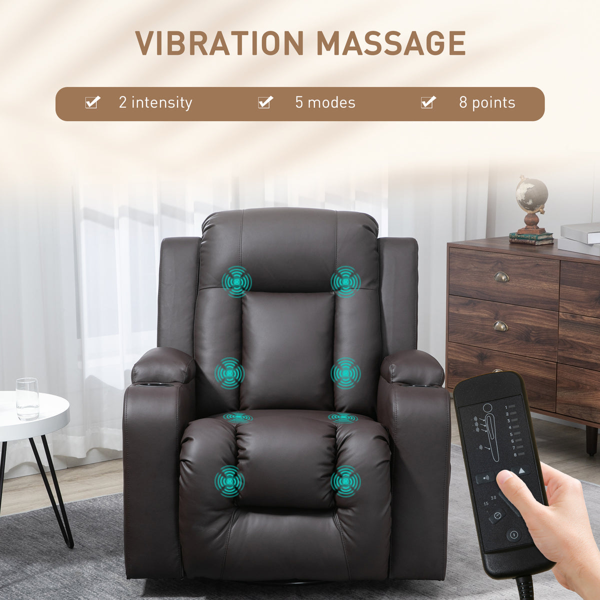 Swivel Massage Recliner Chair Rocker, Overstuffed Manual Reclining Sofa, PU Leather Rocking Chair with Side Pockets, Cup Holders, for Living Room, Nursery, Brown