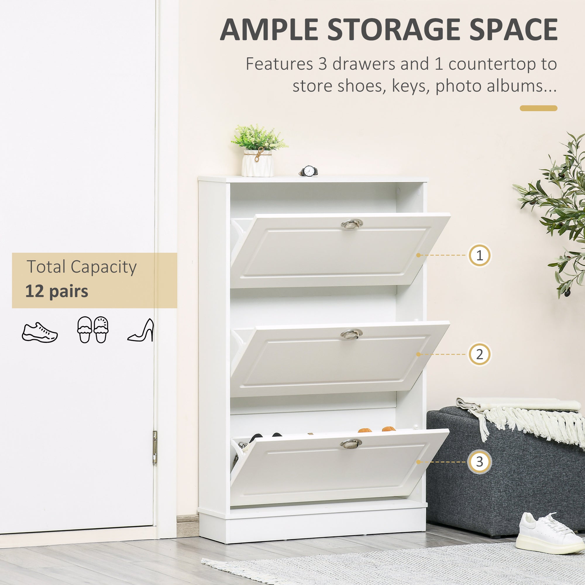 Shoe Cabinet with 3 Flip Drawers, Narrow Shoe Storage Cabinet, Holds 12 Pairs for Entryway, Hallway, White