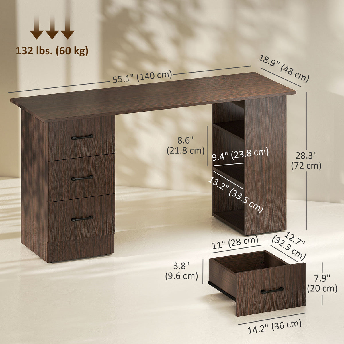 Computer Desk, 47" Writing Table with 3-Tier Shelves and 3 Reversible Drawers for Home Office, Bedroom, White