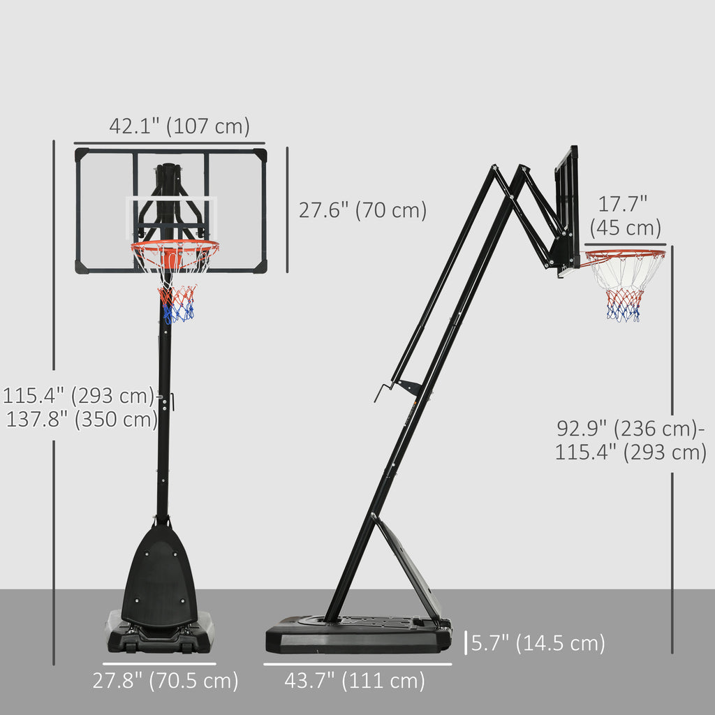 Soozier Outdoor Portable Basketball Hoop and Stand with Backboard Weighted Base Wheels, 115.4"-137.8" Height Adjustable