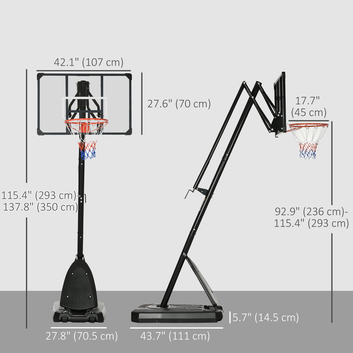 Soozier Outdoor Portable Basketball Hoop and Stand with Backboard Weighted Base Wheels, 115.4"-137.8" Height Adjustable