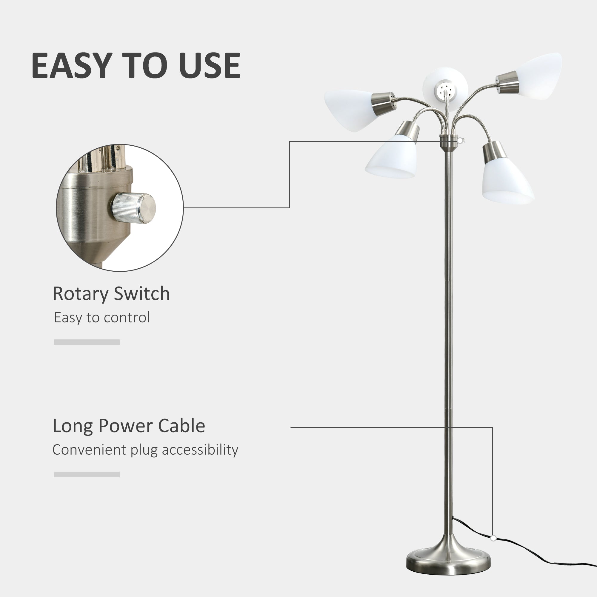 Arc Tree Floor Lamp with 5 Adjustable Rotating Lights, Modern Standing Gooseneck Reading Light for Living Room Bedroom Office, Satin Nickel