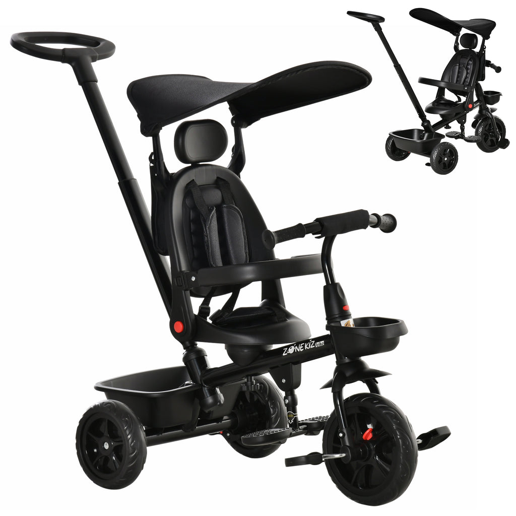 Qaba Tricycle for Toddler 5 in 1 Kids Trike, Converts Stroller to Toddler Bike, Adjustable Backrest & Flat Canopy, Detachable Guardrail & Handle for 1-5 Years Old, Black