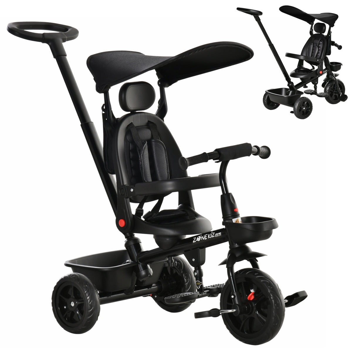 Qaba Tricycle for Toddler 5 in 1 Kids Trike, Converts Stroller to Toddler Bike, Adjustable Backrest & Flat Canopy, Detachable Guardrail & Handle for 1-5 Years Old, Black