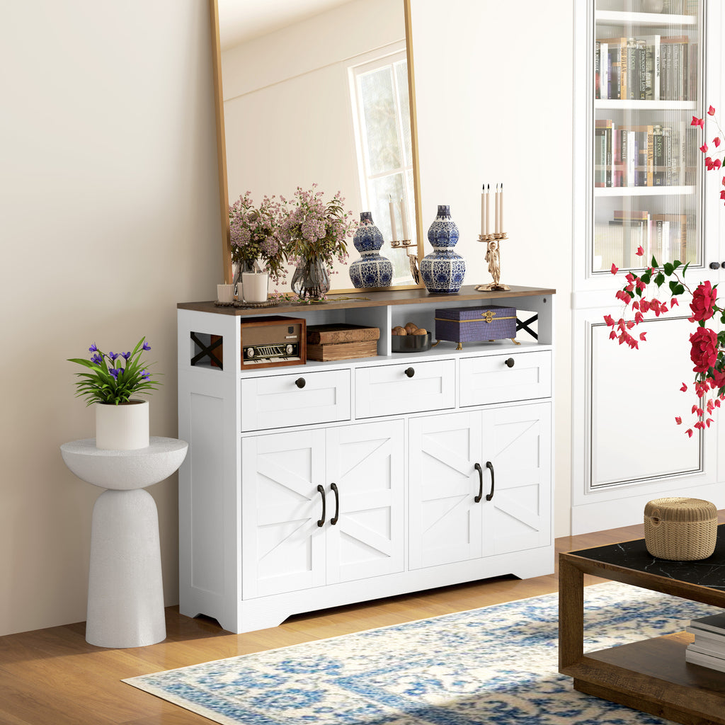 Sideboard, Buffet Cabinet with 4 Barn Doors and 3 Drawers, Coffee Bar Cabinet with Adjustable Shelves, Black