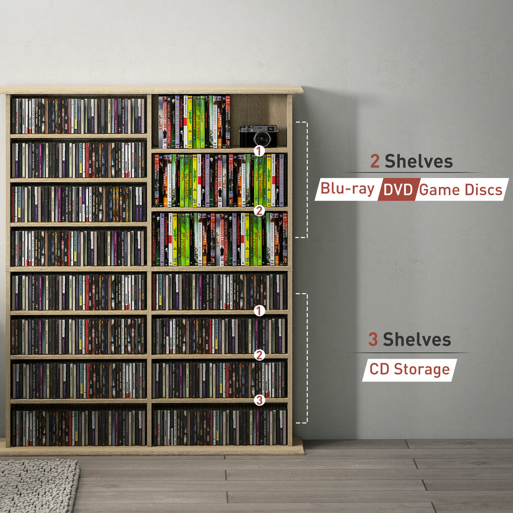 8-Tier DVD Shelf with 12 Adjustable Shelves, Double CD Shelf, Holds 720 CDs, 396 DVDs or 396 Blu-rays, Natural Wood
