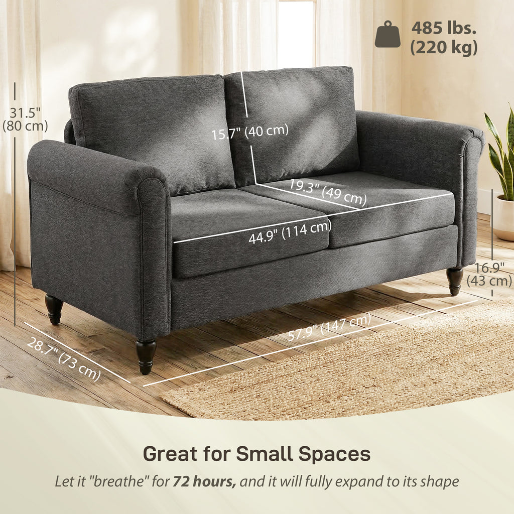 Vintage Loveseat, Upholstered Love Seat Furniture, Chenille-feel Fabric 2 Seater Sofa Couch with Rolled Arms, Gourd-Shaped Rubber Wood Legs for Living Room, Dark Grey
