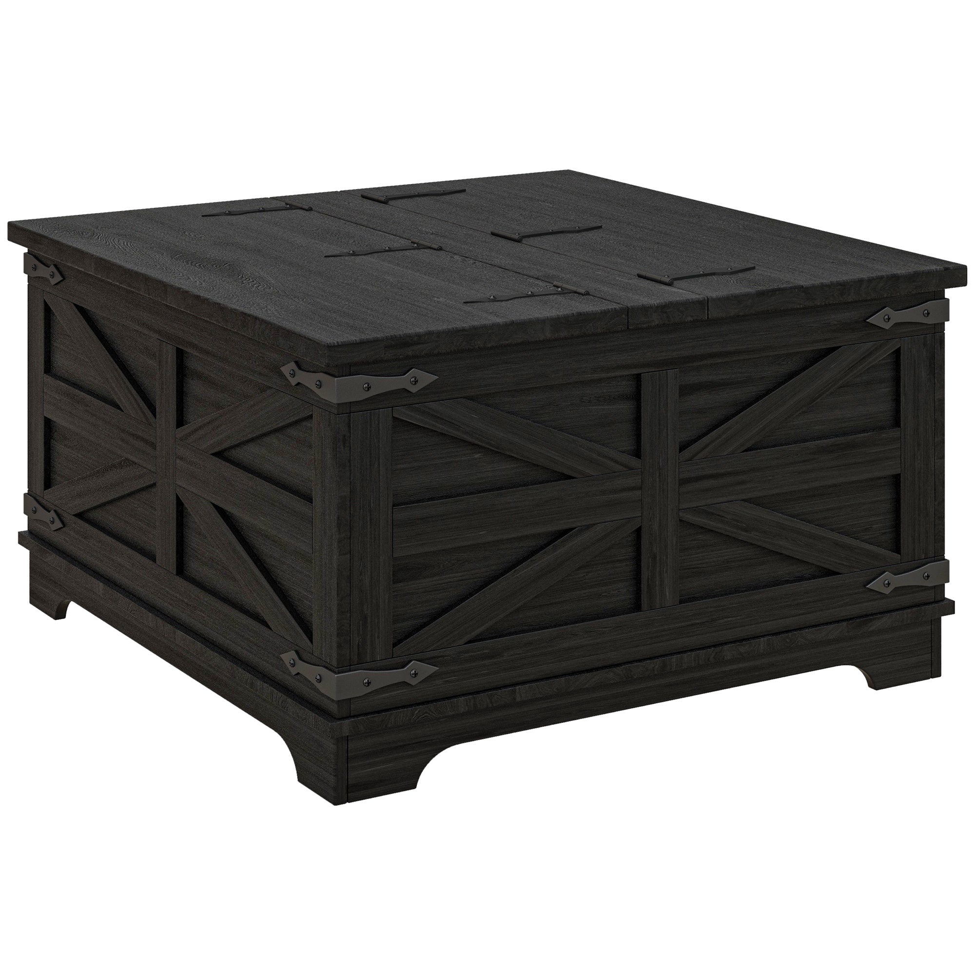 Farmhouse Coffee Table, Square Center Table with Flip-top Lids, Hidden Storage Compartment, Black