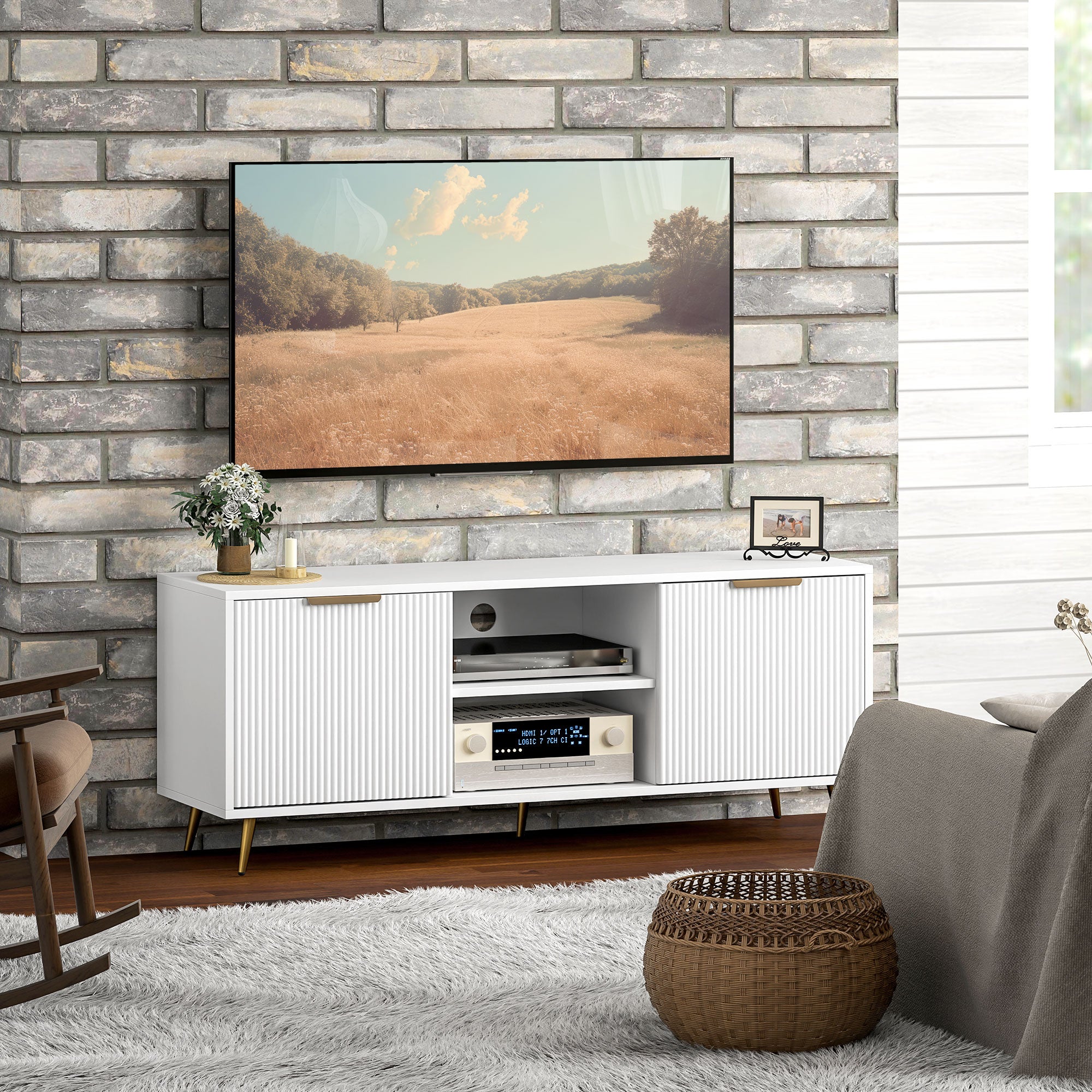 TV Stand with Storage for 55 Inch TV, Modern TV Cabinet with 2 Open Shelves and 2 Cabinets for Living Room, White