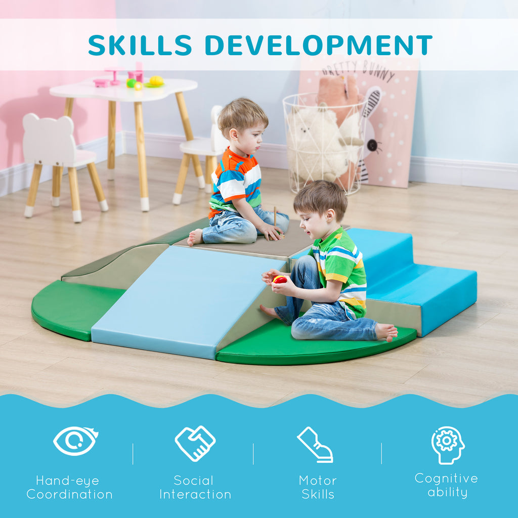 Qaba 6-Piece Soft Play for 12-36 Months Toddlers to Climb, Crawl, Slide, Blue, Green