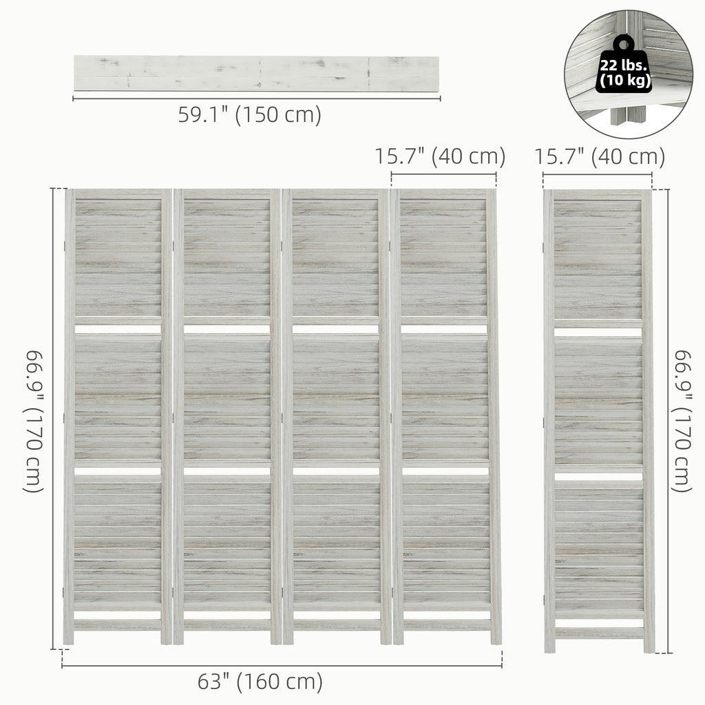4-Panel Wall Partition Room Separator with 3 Storage Shelves Foldable Design Wooden Frame 5.6FT Distressed White