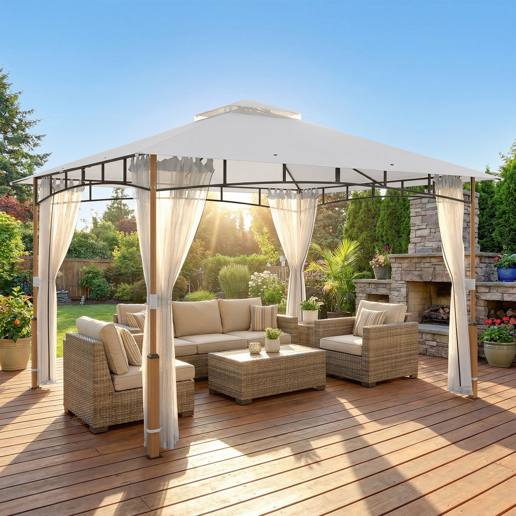 10' x 12' ጋዜቦ ግቢ፡ UPF50+ ድርብ ገረብ ናይ ደገ ጋዜቦ መጠልለ ምስ መርበብ ንድሕሪት ግቢ፡ ንግቢ ግቢ፡ ክሬም ጻዕዳ