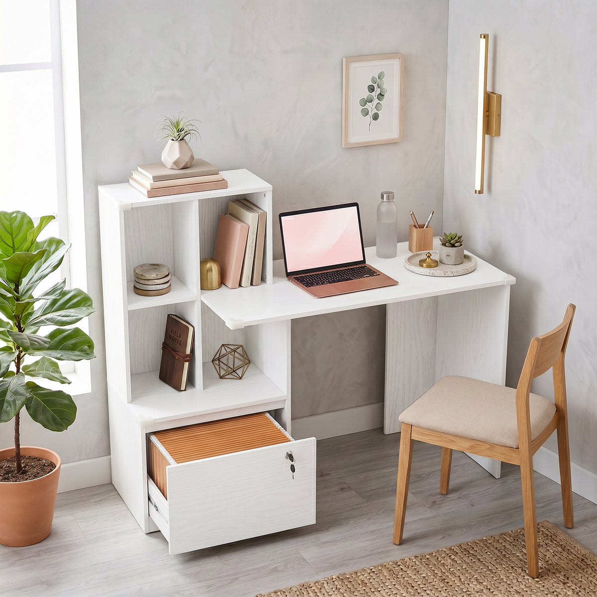 Computer Desk, Office Desk with Bookshelf, File Drawer and Legal Hanging File Holders, White Wood Grain