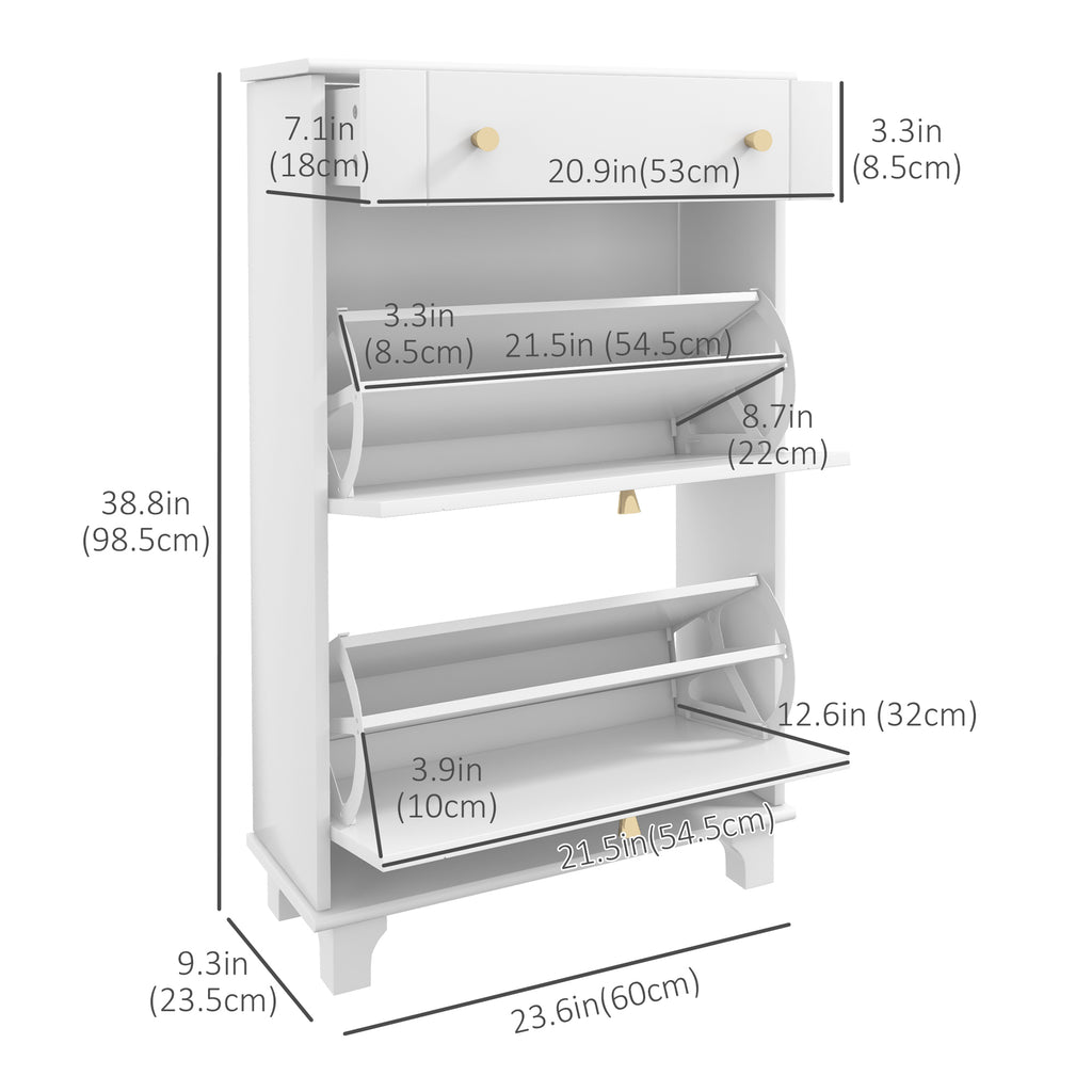 Slim Shoe Storage with 2 Flip Drawers and Adjustable Shelves Shoe Cabinet Organizer for 8 Pair,  White