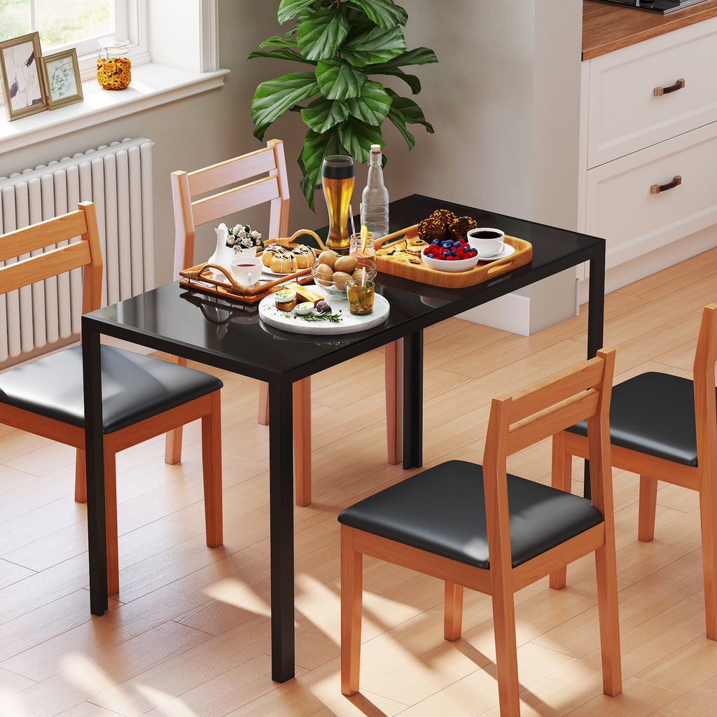Rectangular Kitchen Table for 4 People, Dining Table with Tabletop Tempered Glass for Dining Room, Living Room, Black