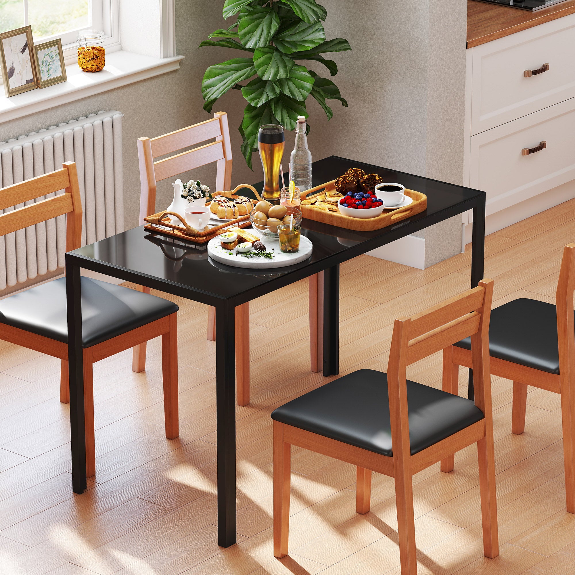 Rectangular Kitchen Table for 4 People, Dining Table with Tabletop Tempered Glass for Dining Room, Living Room, Black
