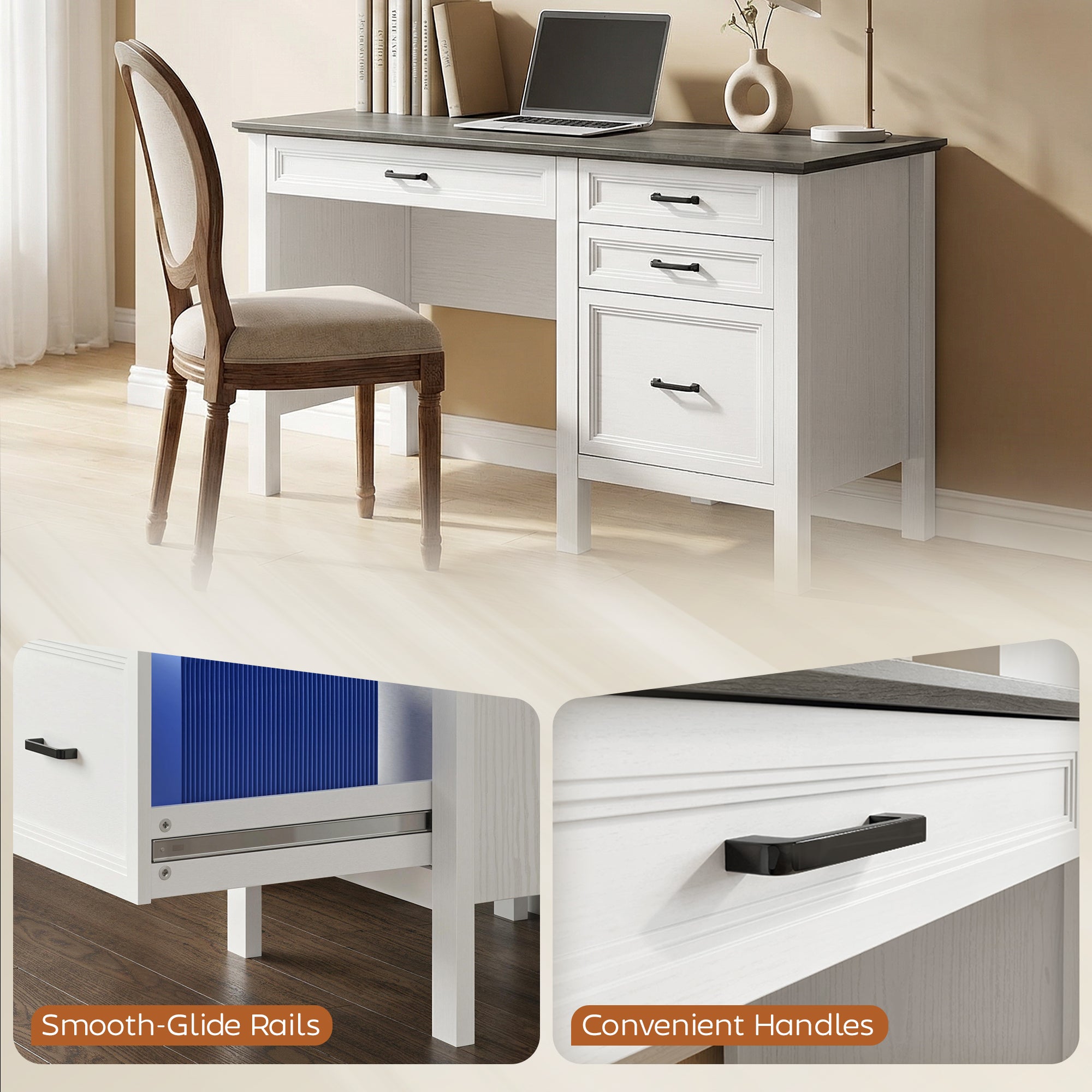 54" Farmhouse Executive Desk, Computer Desk with Drawers, Adjustable Hanging Rails for for A4/Letter Size Files, White
