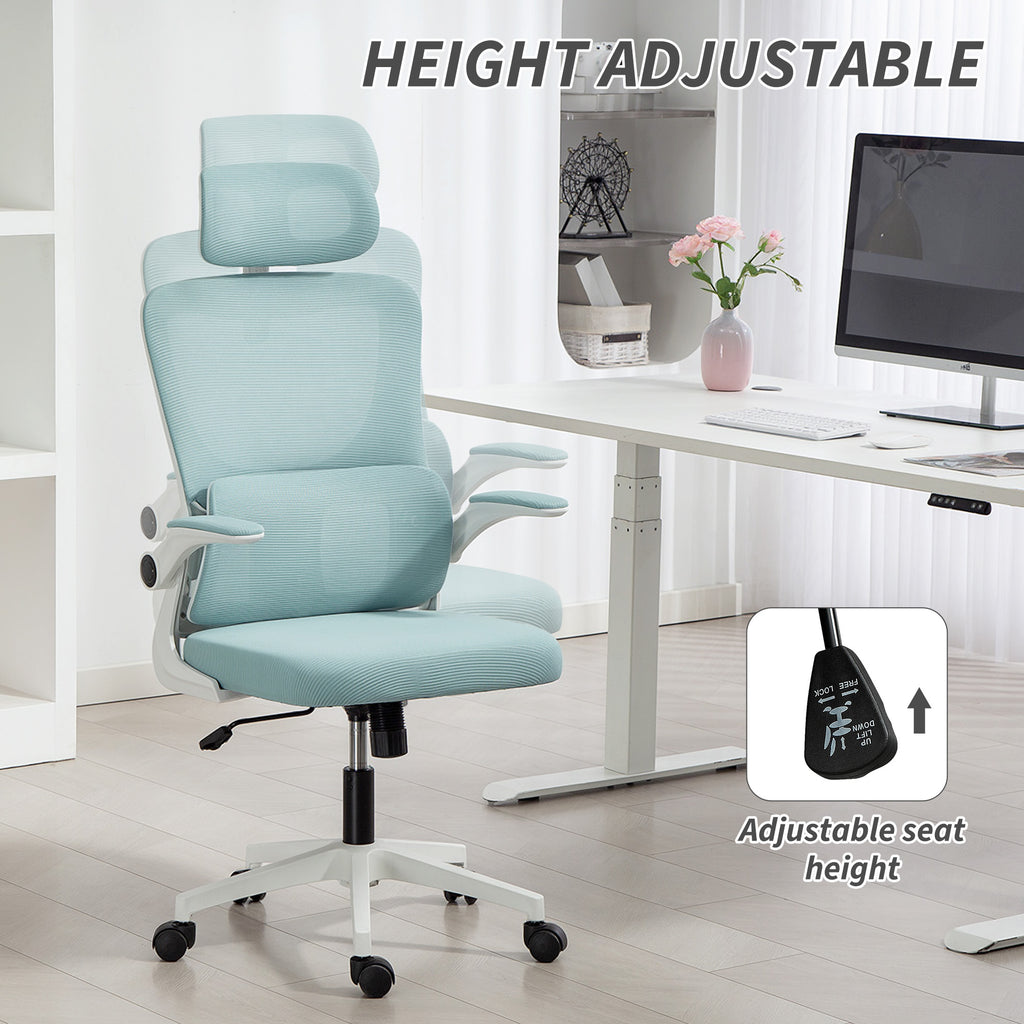 High Back Office Chair, Mesh Computer Chair with Rotatable Headrest, Lumbar Back Support, Adjustable Height, Light Blue