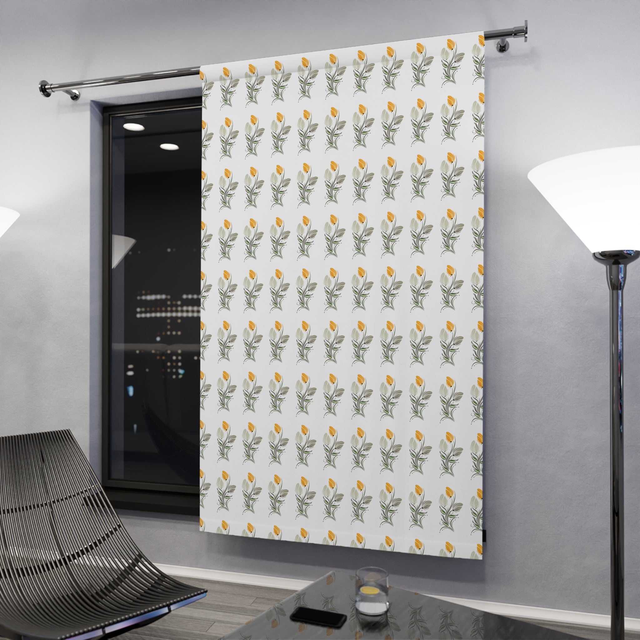 Floral Tulip Pattern Window Curtain — Yellow Botanical Single Panel