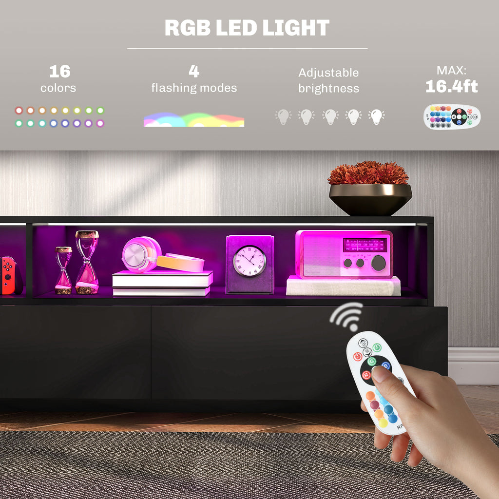 LED ብርሃን ዘለዎ ቲቪ ስታንድ ክሳብ 75" ቲቪ ዝድግፍ፣ ዘመናዊ ቲቪ ካቢኔት ምስ መደርደሪ መሳልብ ንእንዳ መዕበዪ፣ ልዑል ግላይ ጻዕዳ