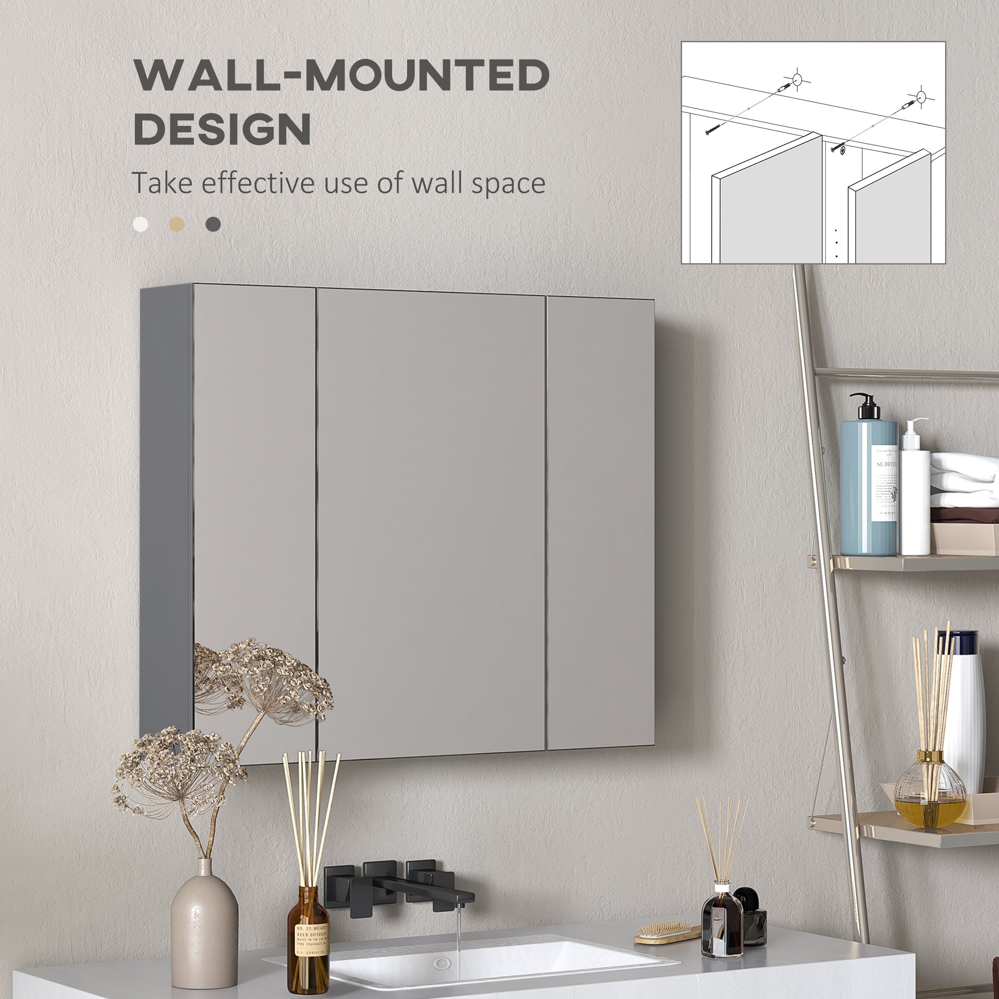 28" x 24" Wall Mounted Mirror Cabinet, Bathroom Medicine Cabinet with Mirror, 3 Doors and Adjustable Shelves, White