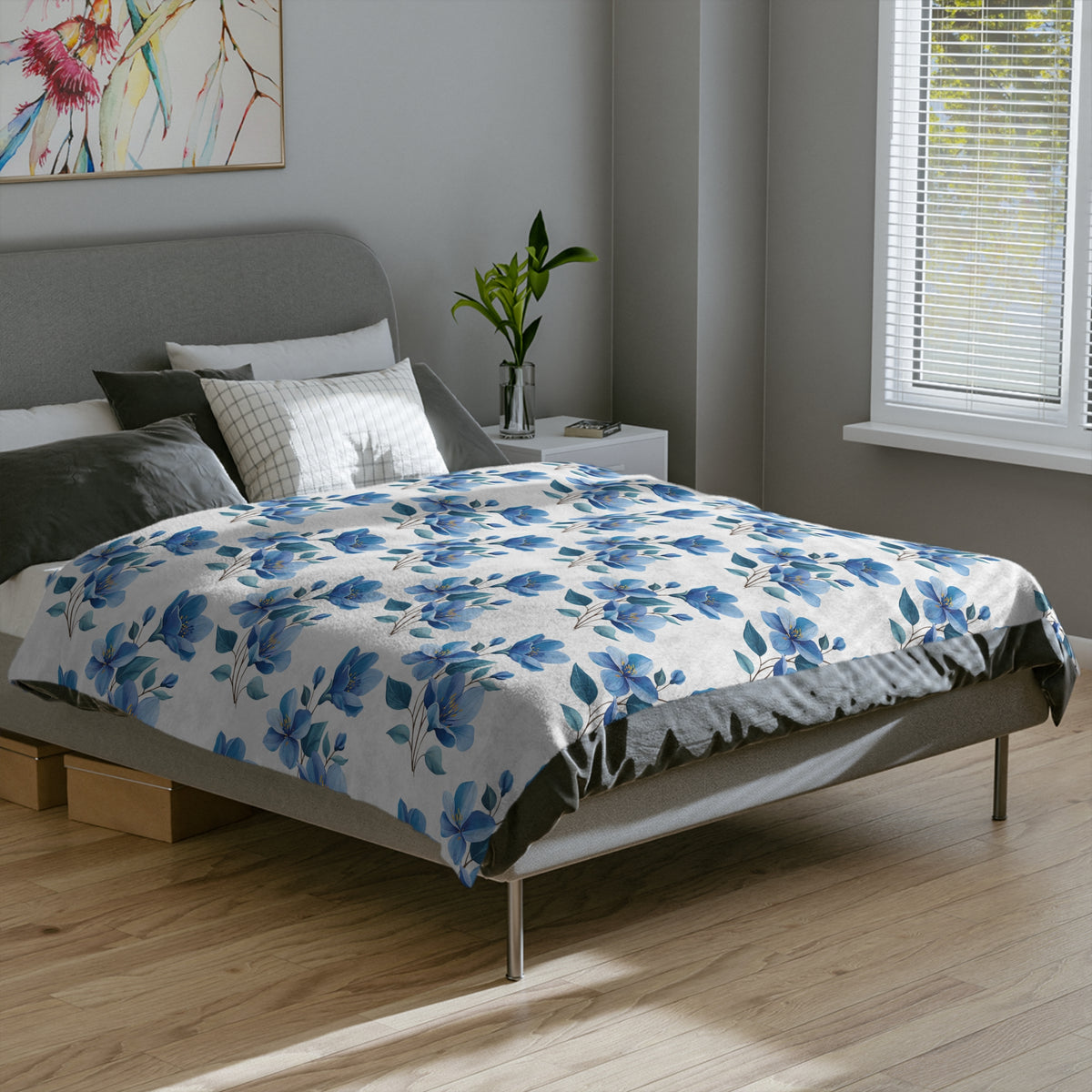 Blue Watercolor Floral Blanket — Velveteen Microfiber Throw