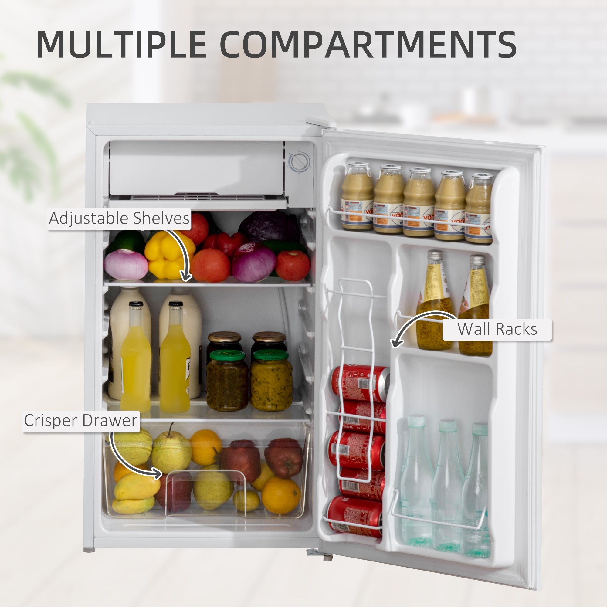 Compact Refrigerator, Mini Fridge with Freezer, Adjustable Shelf, Mechanical Thermostat and Reversible Door, White