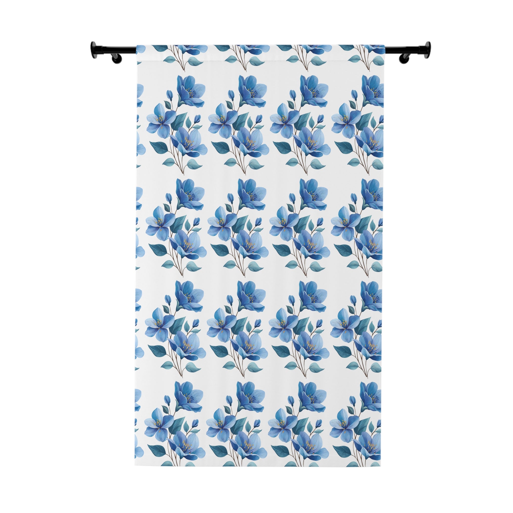 Blue Watercolor Floral Curtain Panel — Single Window Drapery for Living Room & Bedroom