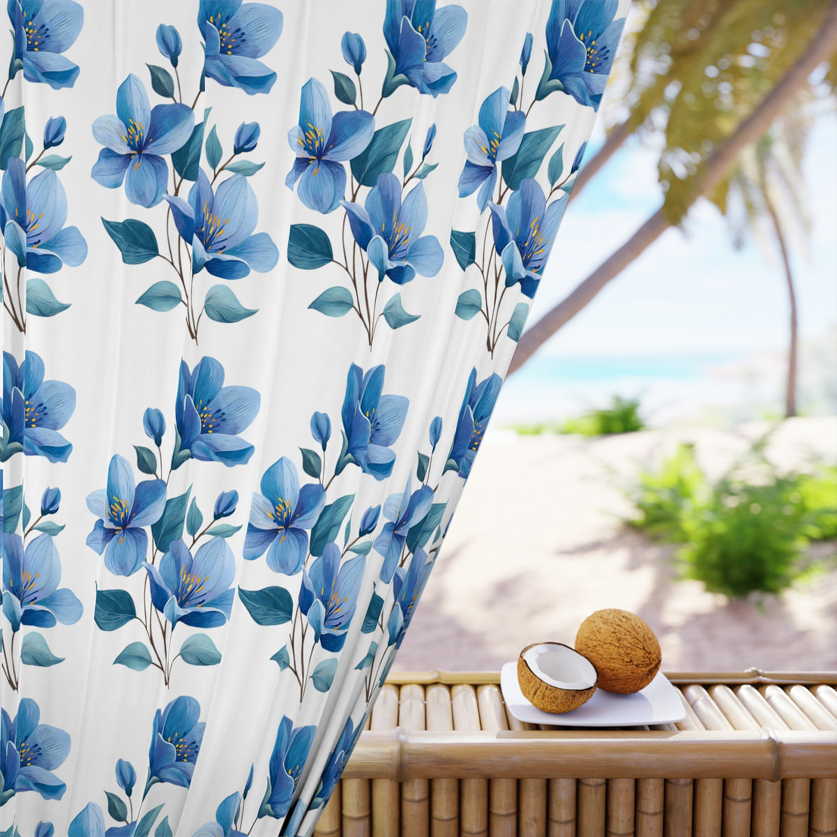 Blue Watercolor Floral Curtain Panel — Single Window Drapery for Living Room & Bedroom