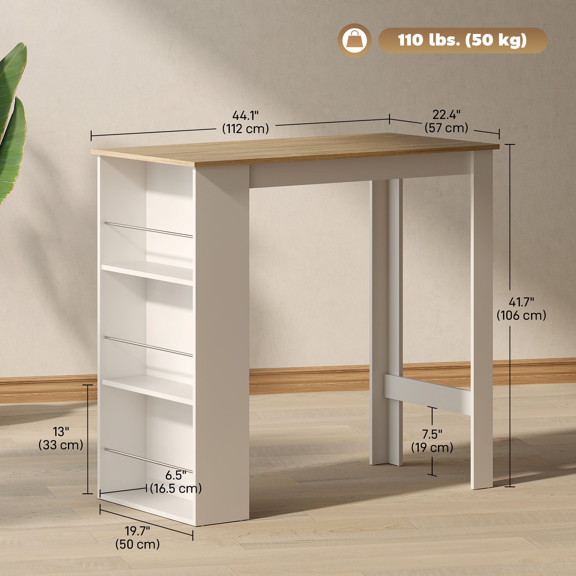 Bar Table Counter Height Dining Table with 3 Storage Shelves for Kitchen, Dining Room, Living Room, White