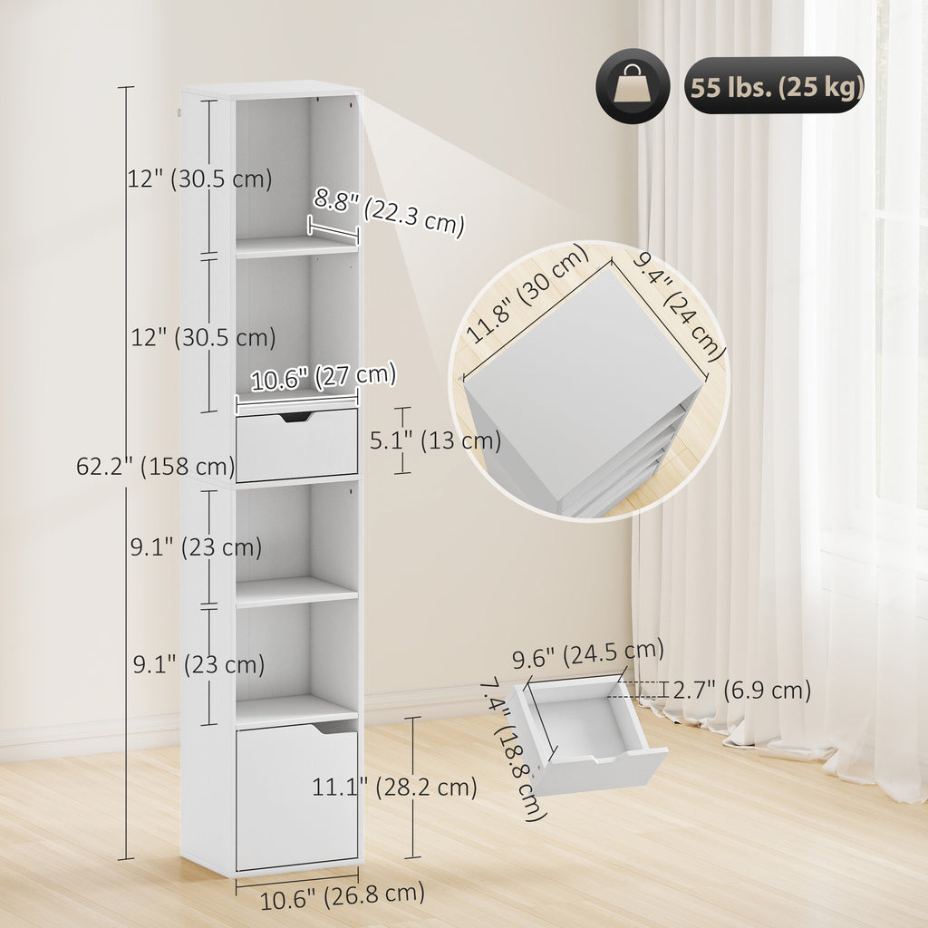 6-Tier Bookcase, Tall Narrow Bookshelf with Drawer and Door, White