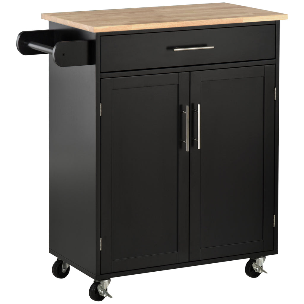 Rolling Kitchen Island Cart with Wood Top, Enough Storage Drawer Space with Towel Bar Rack Shelves, Portable Kitchen Utility Serving Cart Trolley on Wheels, Black
