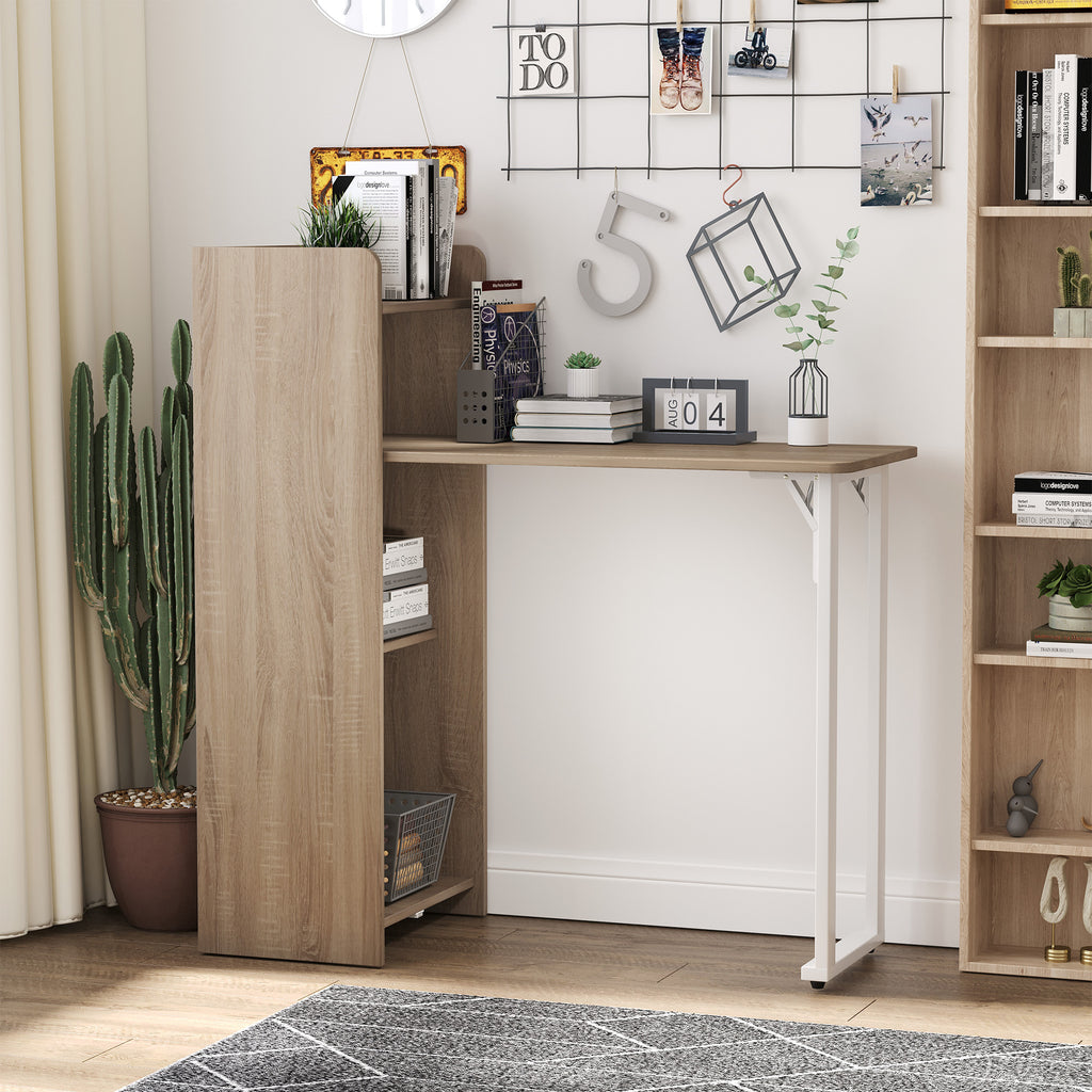 2 In 1 Folding Table, Drop Leaf Table, Space Saving Dining Table with 4-Tier Shelf for Small Spaces, Oak