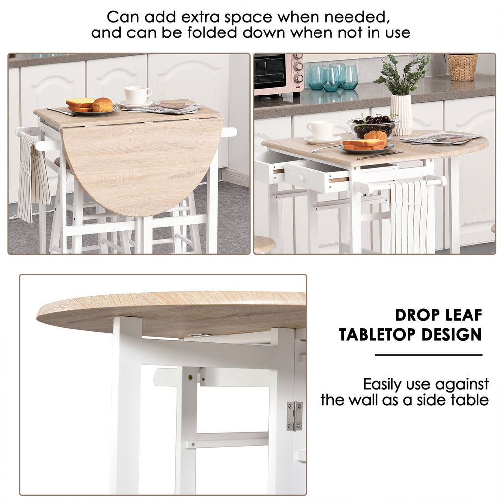 Kitchen Trolley 3 Piece Kitchen Cart Set Drop Leaf Breakfast Table and 2 Stools w/ Rolling Wheels & Towel Bars, Wood & White