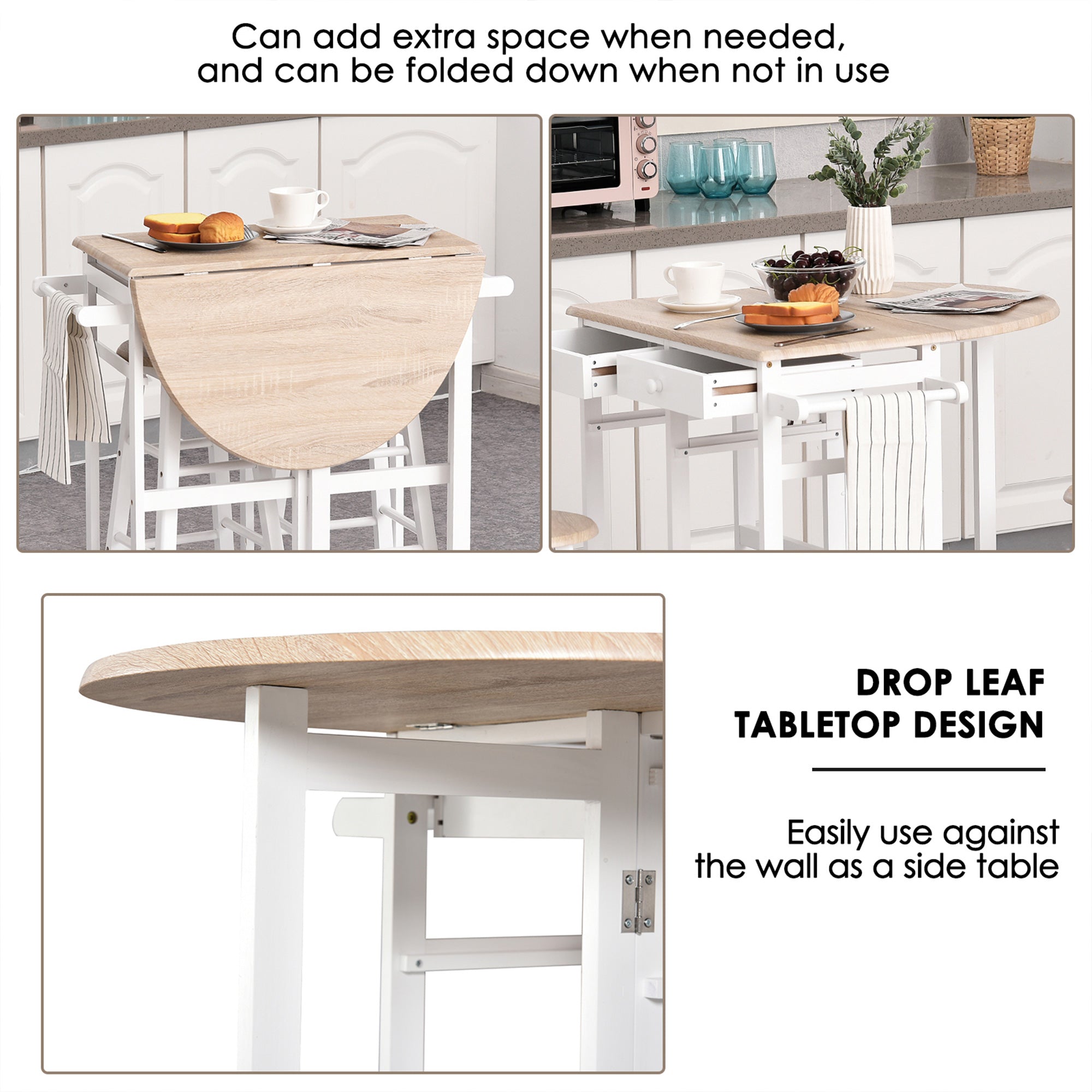 Kitchen Trolley 3 Piece Kitchen Cart Set Drop Leaf Breakfast Table and 2 Stools w/ Rolling Wheels & Towel Bars, Wood & White
