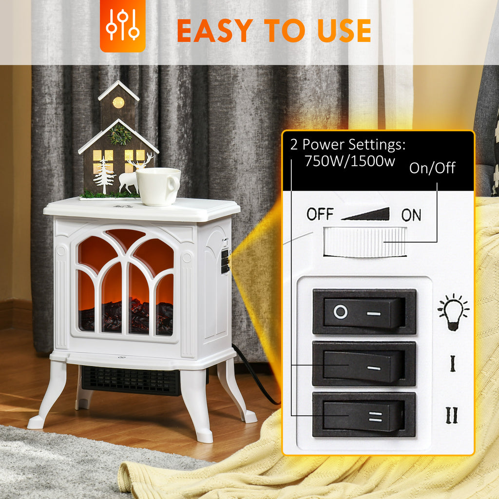 Electric Fireplace Heater, Freestanding Fireplace Stove with Realistic Flame, Overheat Protection, 750W/1500W, White