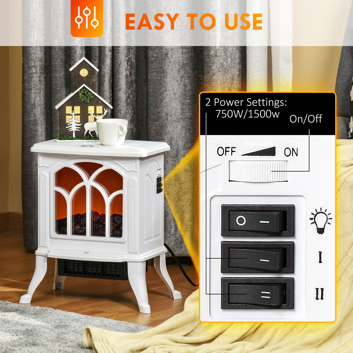 Electric Fireplace Heater, Freestanding Fireplace Stove with Realistic Flame, Overheat Protection, 750W/1500W, White